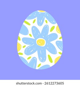 Easter egg with hand drawn floral pattern, simple cute vector illustration. Blue flowers and green leaves on a white egg.