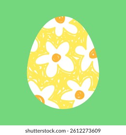 Easter egg with hand drawn floral pattern, simple cute vector illustration. White daisy flowers on a yellow egg.