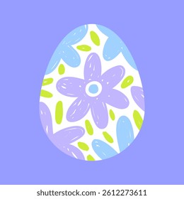 Easter egg with hand drawn floral pattern, simple cute vector illustration. Blue and purple flowers on a white egg.
