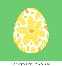 Easter egg with hand drawn floral pattern, simple cute vector illustration. Yellow flowers on a white egg.