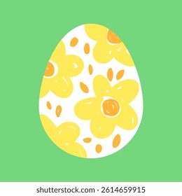 Easter egg with hand drawn floral pattern, simple cute vector illustration. Yellow flowers on a white egg.
