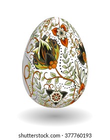Easter Egg with hand drawn ornate floral pattern. Realistic eggs. Orange brown flowers on white egg.