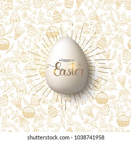 Easter egg with hand made trendy lettering "Happy Easter"on seamless pattern with golden paschal symbols in sketch style. For banner, flyer, brochure. Object for holidays, postcards, websites