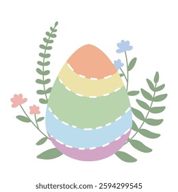 An Easter egg, hand-painted. A decorative egg with green twigs and flowers, a bright picture for the spring Easter holiday on a white isolated background for a postcard, poster or stickers.