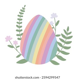 An Easter egg, hand-painted. A decorative egg with green twigs and flowers, a bright picture for the spring Easter holiday on a white isolated background for a postcard, poster or stickers.