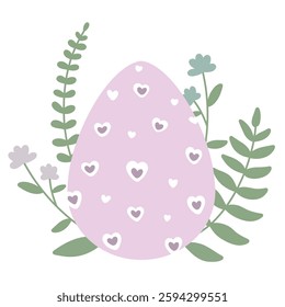 An Easter egg, hand-painted. A decorative egg with green twigs and flowers, a bright picture for the spring Easter holiday on a white isolated background for a postcard, poster or stickers.