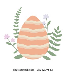 An Easter egg, hand-painted. A decorative egg with green twigs and flowers, a bright picture for the spring Easter holiday on a white isolated background for a postcard, poster or stickers.