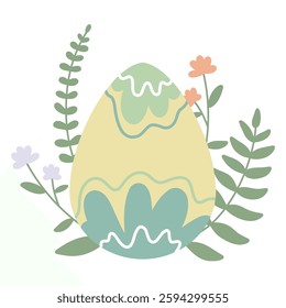 An Easter egg, hand-painted. A decorative egg with green twigs and flowers, a bright picture for the spring Easter holiday on a white isolated background for a postcard, poster or stickers.