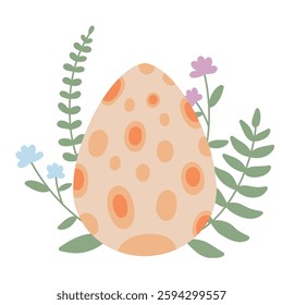 An Easter egg, hand-painted. A decorative egg with green twigs and flowers, a bright picture for the spring Easter holiday on a white isolated background for a postcard, poster or stickers.