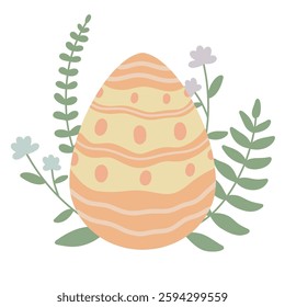 An Easter egg, hand-painted. A decorative egg with green twigs and flowers, a bright picture for the spring Easter holiday on a white isolated background for a postcard, poster or stickers.