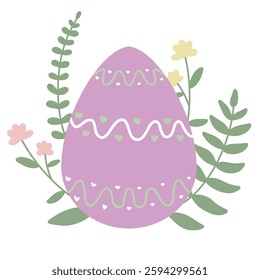 An Easter egg, hand-painted. A decorative egg with green twigs and flowers, a bright picture for the spring Easter holiday on a white isolated background for a postcard, poster or stickers.