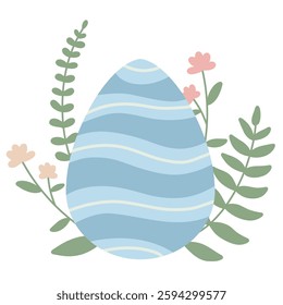 An Easter egg, hand-painted. A decorative egg with green twigs and flowers, a bright picture for the spring Easter holiday on a white isolated background for a postcard, poster or stickers.