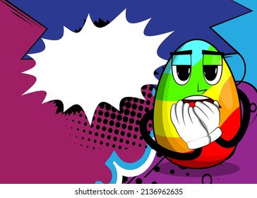Huevo de Pascua con las manos sobre la boca. Personaje de caricatura con cara divertida para las vacaciones de Pascua.