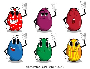 Easter Egg with hands in rocker pose. Cartoon character with funny face for the Easter holiday.