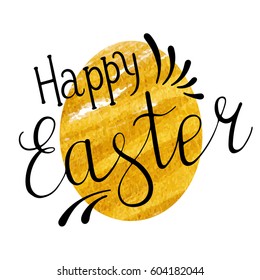 Easter egg with handwritten text. Illustration in gold color.
