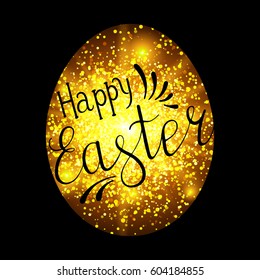 Easter egg with handwritten text. Illustration in gold color.
