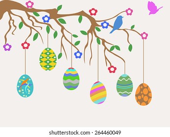 Easter Egg Hanging On Tree And Birds Flowers Card