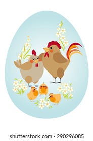 Easter egg. Happy family - chicken, rooster and chickens