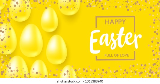 Easter egg. Happy Easter. Golden egg with sparkle. pattern. Sale banner. 3D egg with golden confetti. Vector holiday illustration for greeting card, banner, flyer.