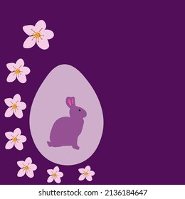 Easter egg, hare and flowers. Holiday concept. Purple background. Perfect for poster, postcard, scrapbooking, tag, invitation, sticker set. vector design eps 10. Place for text