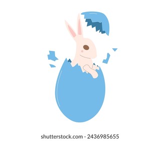 Huevo de Pascua con conejito incubado aislado sobre fondo blanco. Símbolo abierto de vacaciones de primavera y conejo en el interior. Ilustración plana vectorial.