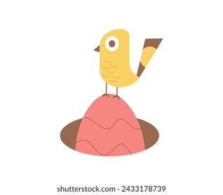 Easter egg hidden in the hole and bird. Egg hunt event elements. Spring holiday party. Celebration with entertainment. Vector flat illustration.