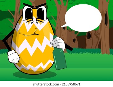 Easter Egg holding a bottle. Cartoon character with funny face for the Easter holiday.