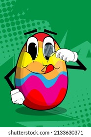 Easter Egg holding a magnifying glass. Cartoon character with funny face for the Easter holiday.