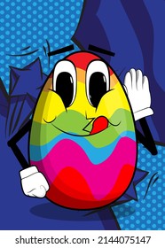 Easter Egg holds hand at his ear, listening. Cartoon character with funny face for the Easter holiday.