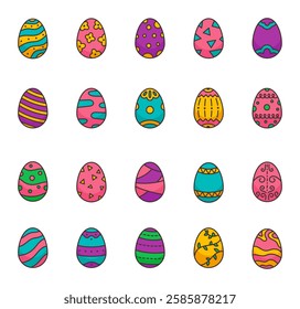 Easter egg holiday decoration set with traditional painted ornaments and festive symbols for seasonal celebration in cute outline clipart style for yours design projects