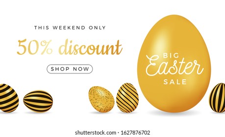 Easter egg horizontal banner. Easter big sale card with big gold and black ornate egg on white modern background. Vector illustration. Place for your text.