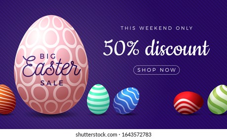 Easter egg horizontal banner. Easter big sale card with big colorful ornate egg on purple striped modern background. Vector illustration. Place for your text.