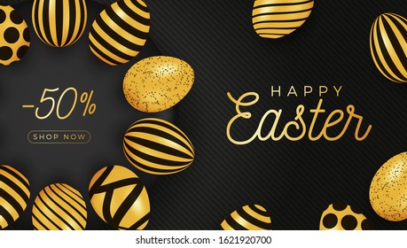 Easter egg horizontal banner. Easter card with eggs laid out in a circle on a black plate, gold and black ornate eggs on black striped modern background. Vector illustration. Place for your text