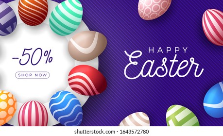 Easter egg horizontal banner. Easter card with colorful eggs laid out in a circle on a white plate, color ornate eggs on purple striped modern background. Vector illustration. Place for your text.