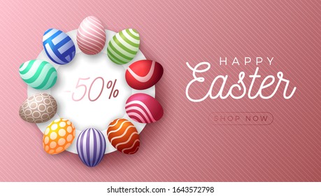 Easter egg horizontal banner. Easter card with colorful eggs laid out in a circle on a white plate, color ornate eggs on rose gold striped modern background. Vector illustration. Place for your text.