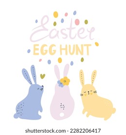 Easter egg hun lettering with 3 cute rabbits. Spring Holiday background. Easter rabbits isolated vector background.