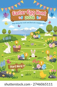 Easter Egg Hunt 2026: A trail through a green field with bunnies, colorful eggs, and flowers.