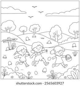 Easter Egg Hunt Adventure Coloring Page for kids. Easter coloring pages, easter worksheets printable for kids activity, Kindergarten and preschool.