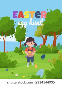 Easter egg hunt advertising poster, cartoon flat vector illustration. Cute little girl holding basket with painted eggs. Spring holiday tradition for children and kids.