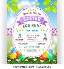 Easter egg hunt announcing poster template. Text customized for invitation with date, time, location. Colorful eggs at green lawn with flowers and butterflies. Vector illustration.