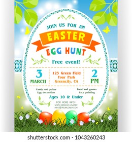 Easter egg hunt announcing poster template. Text with details about the date, time, location. Four eggs at green lawn with flowers and shining spring background. Vector illustration.
