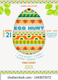 Easter egg hunt announcing poster template. Text customized for invitation with details about the date, time, location. Ornate colorful egg and bright border ornament. Vector illustration.