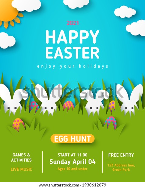 Easter egg hunt announcing poster with white paper\
cut bunny rabbits in spring lawn grass, hidden colored eggs, party\
flyer, banner or invitation template layout. Vector illustration.\
Place for text