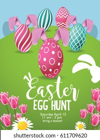Easter Egg Hunt background and colorful eggs  tulips   daisies  EPS 10 vector 