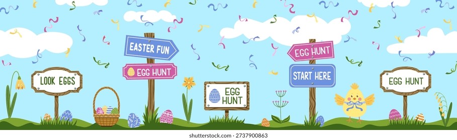 Easter egg hunt background. Easter eggs, basket, confetti elements. Vector illustration templates for Easter festive celebration