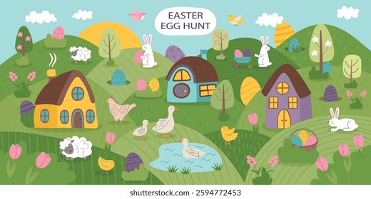 Easter egg hunt background with farmhouses, nature, Easter bunnies, farm animals and hidden Easter eggs. Easter concept banner. Flat hand drawn illustration.