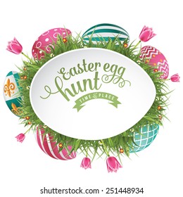 Easter egg hunt background with grass and tulips EPS 10 vector royalty free stock illustration for greeting card, ad, promotion, poster, flier, blog, article