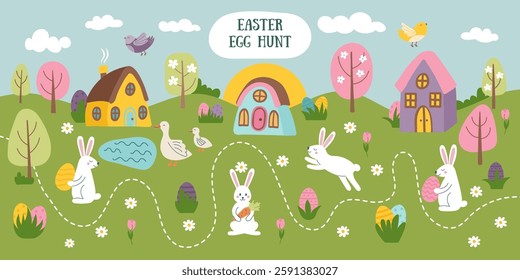 Easter egg hunt background with houses, nature, bunnies and eggs. Easter concept banner. Flat hand drawn illustration.