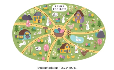 Easter egg hunt background with Easter objects - houses, bunnies, farm animals and hidden Easter eggs. Easter concept banner. Vector hand drawn illustration.