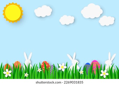 Easter egg hunt background with rabbits and coloured eggs hidden in the grass. Paper cut style. Vector illustration